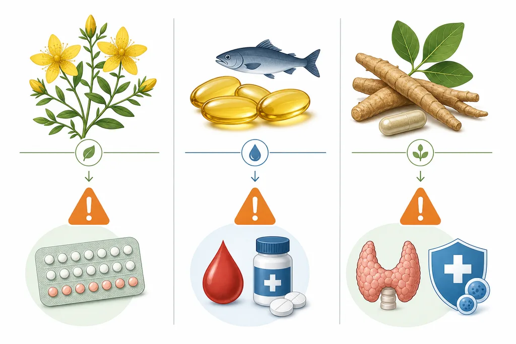 Schéma des principales interactions médicamenteuses avec les compléments : millepertuis, oméga-3 et ashwagandha