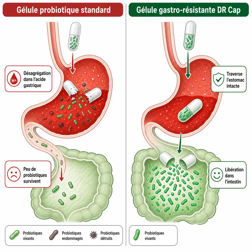Comparaison d'une gélule probiotique standard détruite par l'acide et d'une DR Cap libérée intacte dans l'intestin